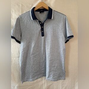 Hugo Boss Polo Shirt – Blue Striped, Size L - Mercerised Cotton
